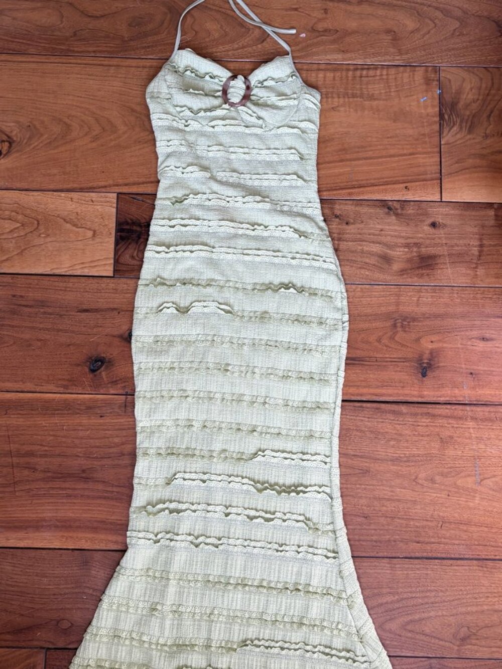 Sage Green Ruffled Textured Maxi Dress Boho Open Back Tie Strap Small